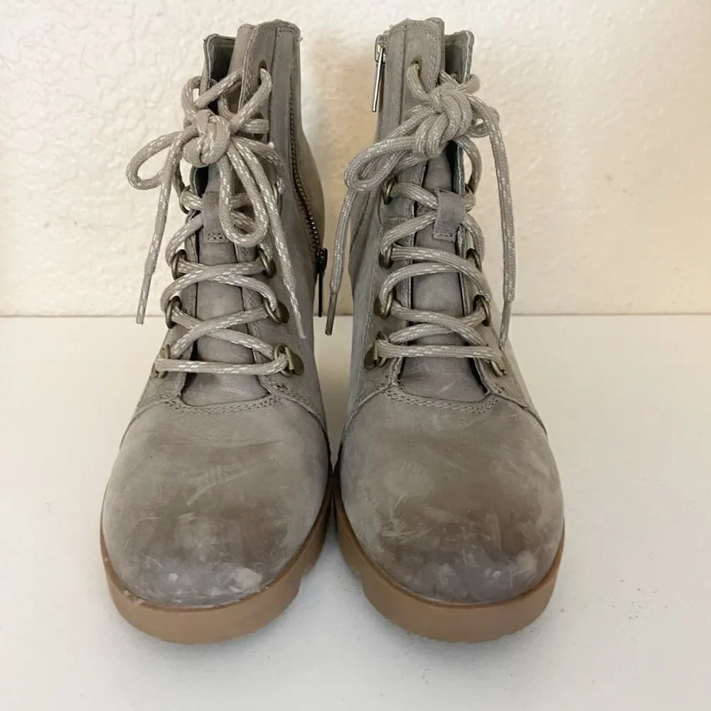 Sorel Joan Uptown Waterproof Wedge Bootie in mushroom. 8.5